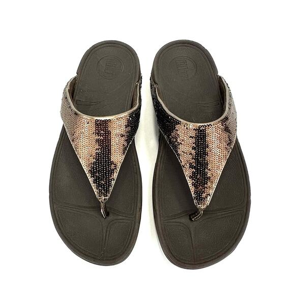 Fitflop Lulu Thong-Toe Sandal/Flip Flop Sz 8 Brown Sequin Arch Support Cushioned - Picture 4 of 13